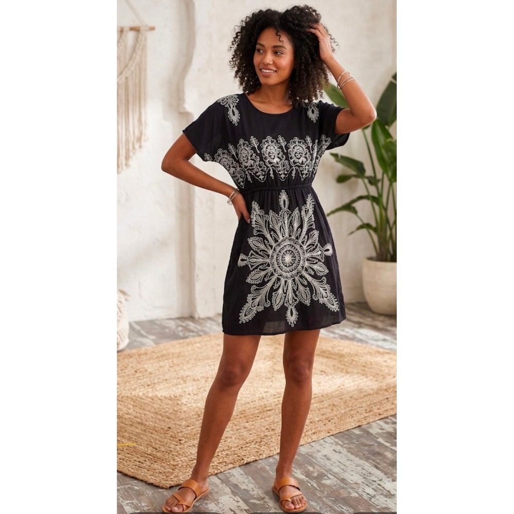 Ocean Brezze Black & White Patterned Dress V-Neck Short Sleeve Lagenlook L